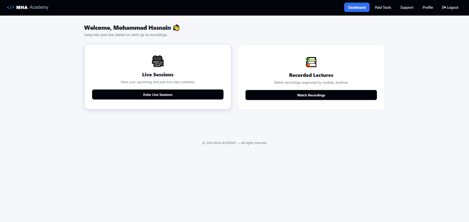 MHA Academy student LMS dashboard